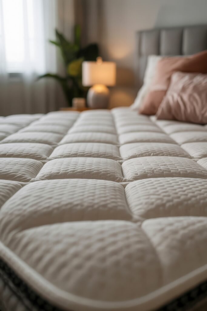 Bedroom Essentials for Your First Apartment: 12 Genius Must-Haves 2 Close-up of a plush, quilted mattress with soft lighting and blurred background, emphasizing comfort and quality for first apartment planning.