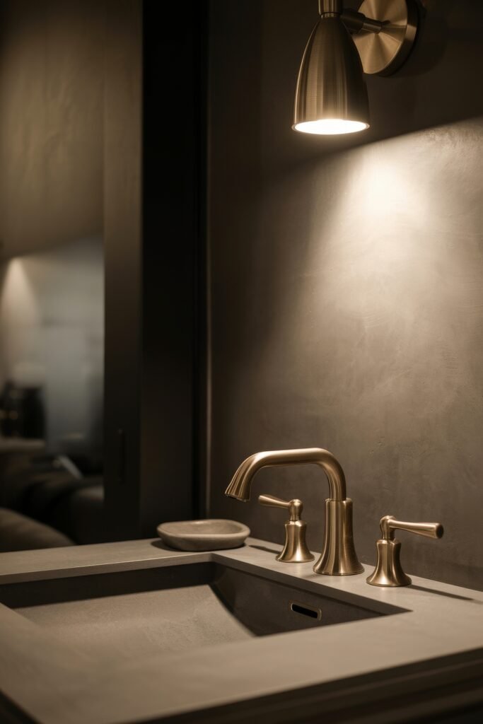 Black Bathroom Ideas: Genius Ways to Create Moody Glam 2 Close-up of a brushed gold faucet and matching handles on a matte charcoal sink, softly lit by a single spotlight for a refined Dark & Moody Bathroom Theme.