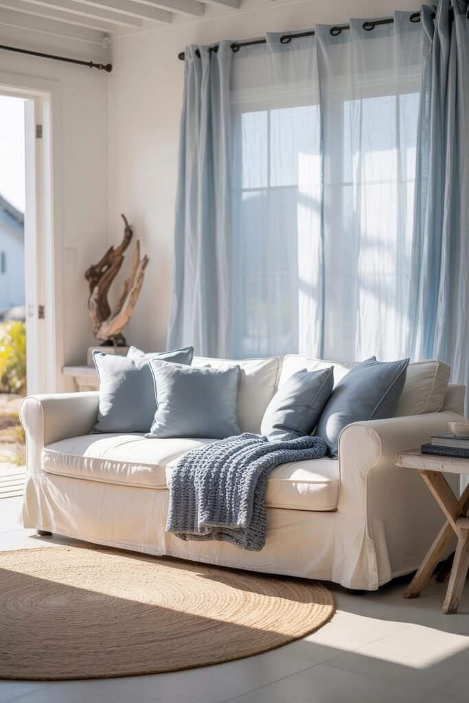 Coastal Summer Vibes for City Apartments 2 Bright living room with a white sofa, soft blue pillows, and a cozy knitted throw, creating a fresh summer décor vibe.
