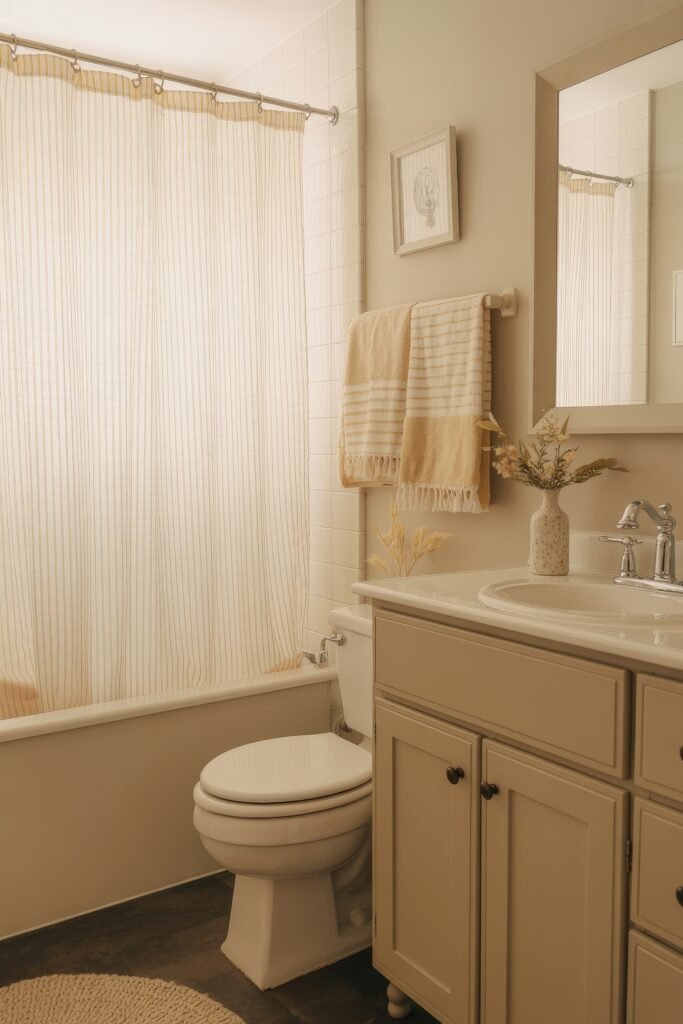 Cream Bathroom Ideas: Genius Ways to Warm Up Your Space 2 Cozy bathroom with beige tones, striped shower curtain, matching striped towels, and simple decor emphasizing Cream Bathroom Ideas.