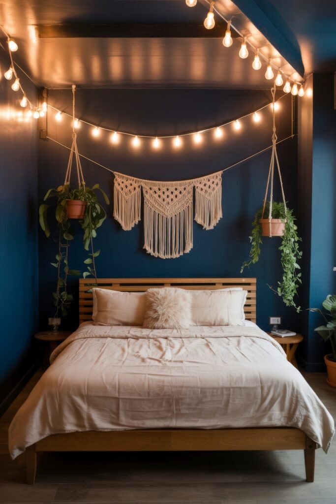 Dark Boho Bedroom Ideas: Unexpected Tricks for Cozy Drama 2 Cozy bedroom with dark blue walls, soft beige bedding, hanging plants, macrame wall art, and warm string lights creating a Dark Boho Bedroom atmosphere.