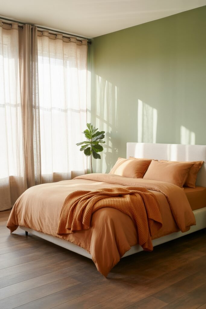 Earthy Bedroom Ideas: 12 Essential Ways to Elevate Your Space 2 Minimalist Earthy Bedroom with terracotta bedding, a white upholstered bed, sheer beige curtains, and a fiddle leaf fig adding a fresh touch.
