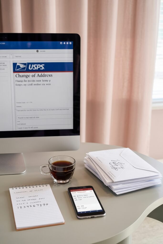 First Apartment Checklist: Essential Tips You’ll Love 3 Close-up of a desk setup showing a computer screen on the USPS Change of Address page, with coffee, a notepad, smartphone, and envelopes—capturing a key step from a first apartment checklist.
