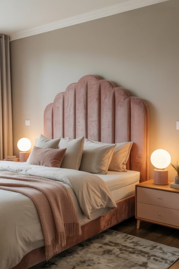 Glam Bedroom Décor: Essential Tips for Luxe Sleep 2 Cozy bedroom with a scalloped blush velvet headboard, neutral bedding, and warm ambient lighting from globe lamps on wooden nightstands, showcasing a modern Glam Bedroom Décor style.