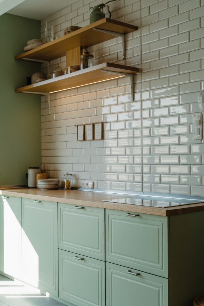 Green Kitchen Cabinets: Stylish Ways to Elevate Style 1 Bright kitchen with pale green cabinets, a light wooden countertop, and glossy white subway tile backsplash, complemented by natural wood open shelves and subtle decorative accents.