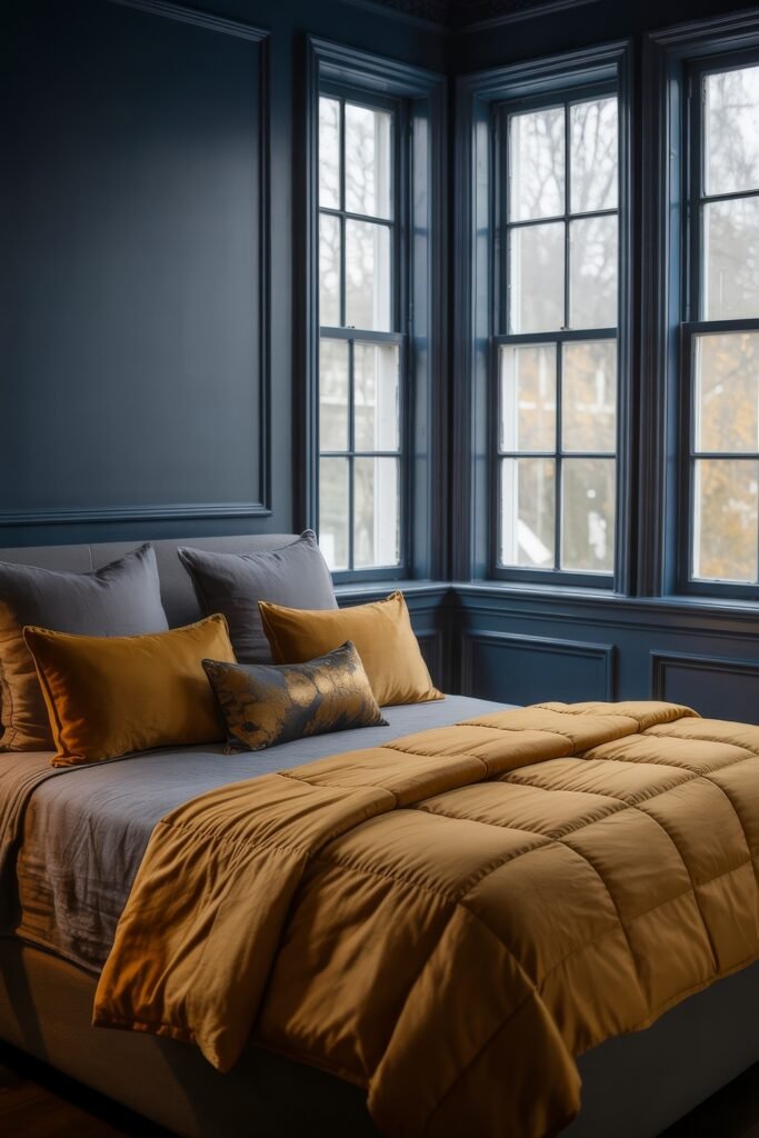 Masculine Luxury Bedroom: Genius Luxe Ideas 1 Elegant bedroom with navy walls and large windows, showcasing a cozy bed dressed in mustard and gray bedding with matching pillows and a subtle patterned accent cushion.