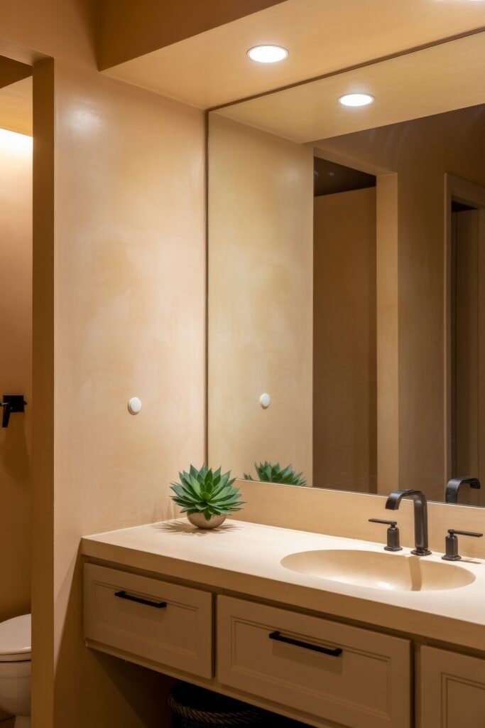 Neutral Bathroom Ideas: Genius Spa-Like Upgrades 2 Warm-toned bathroom with beige walls and countertop, a built-in sink, matte black faucet, a large wall mirror, and a small succulent plant adding a touch of greenery.
