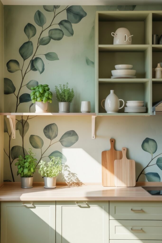 Sage Green Kitchen Bliss: Inspiring Ideas 2 Botanical-inspired Green-Themed Kitchen with light green cabinets, leafy wall art, wooden accents, and fresh potted herbs on the countertop.