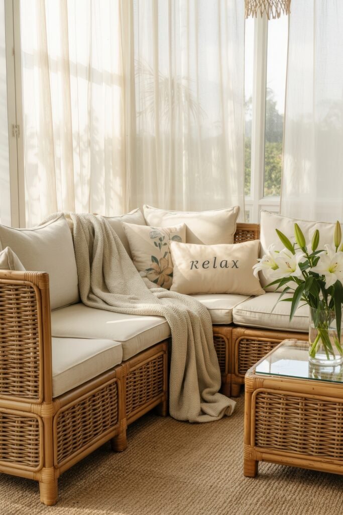 Indoor Sunroom Furniture Ideas for Cozy Winters & Breezy Summers 2 Rattan sectional sofa with cream cushions, a soft throw, and lilies in a bright four-season room.