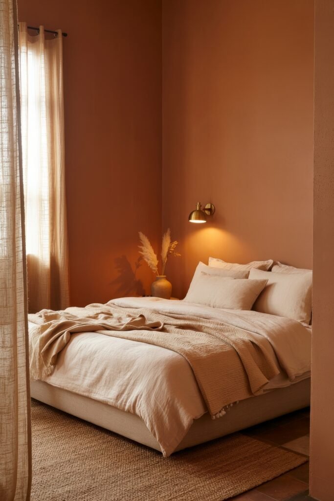 Terracotta Bedroom Ideas: Genius Ways to Glow 2 Cozy earth-toned bedroom featuring soft beige bedding, terracotta walls, dried pampas in a clay vase, and a warm wall sconce near sheer curtains.