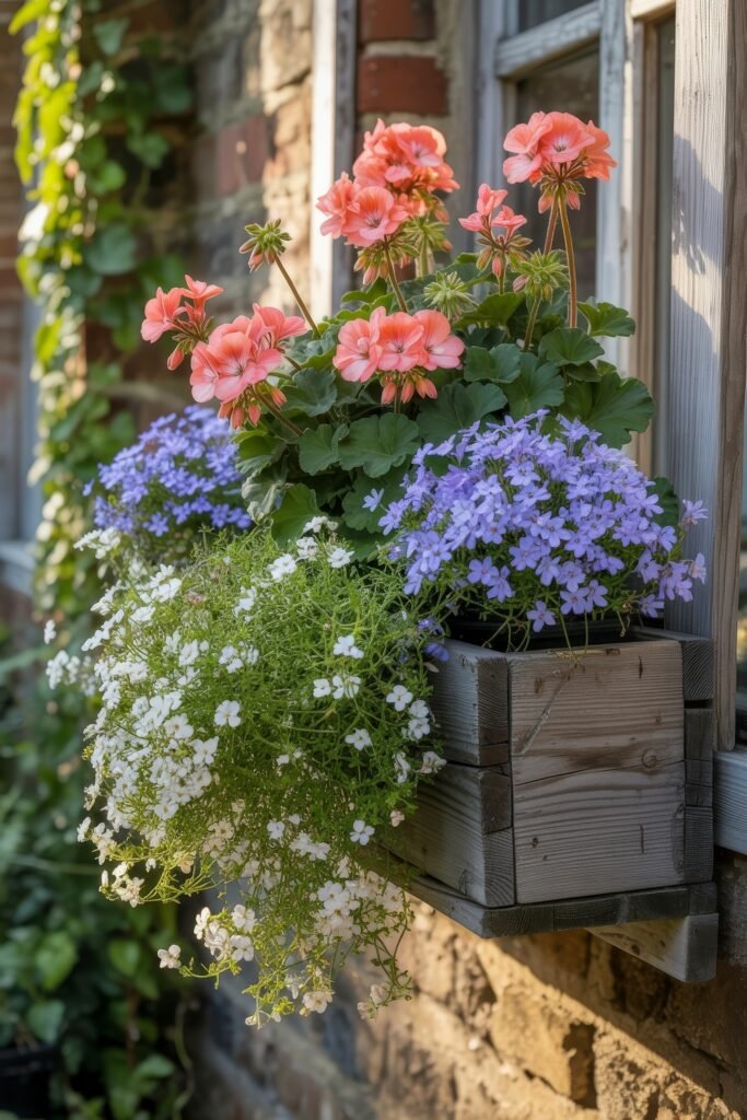 Window box flowers: Genius Ways to Wow Any Apartment 2 A wooden window planter overflowing with coral geraniums, white baby's breath, and clusters of soft blue blooms, adding lush color and life to a brick and wood exterior in the spirit of Balcony & Terrace Gardening.