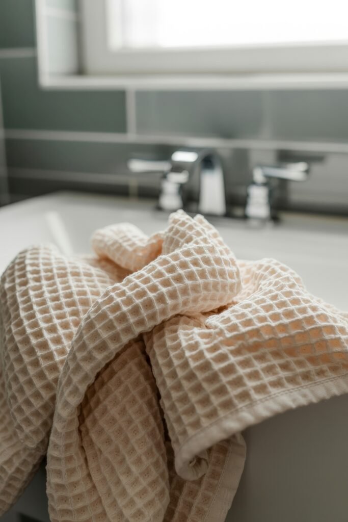 Bathroom Essentials for First Apartment: Genius Must-Haves 4 Crumpled beige waffle-textured hand towel draped over a white sink in a tiled bathroom, evoking everyday use and a cozy, lived-in look.