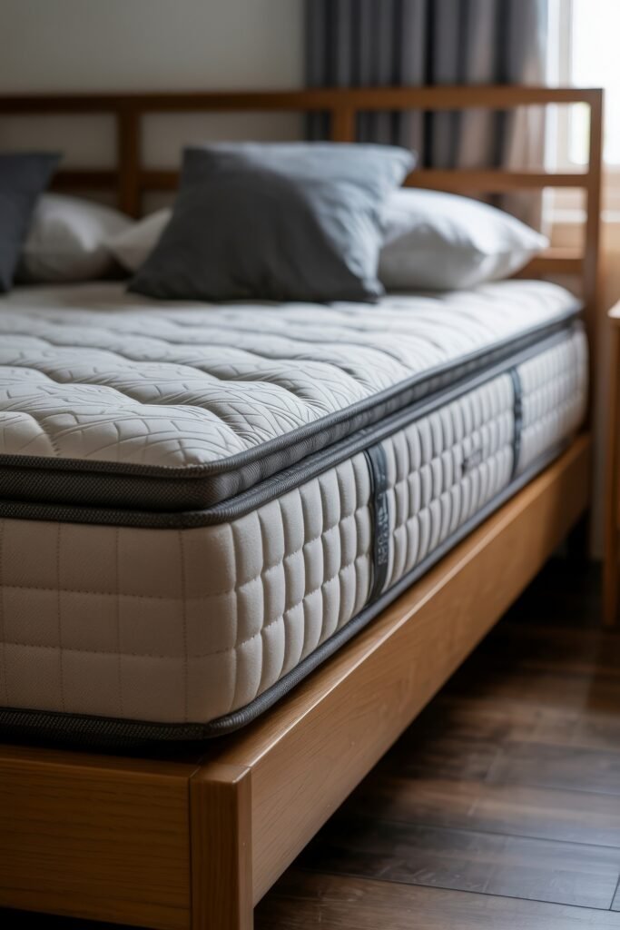 Bedroom Essentials for Your First Apartment: 12 Genius Must-Haves 3 Side view of a firm, double-layered mattress on a wooden bed frame, topped with pillows in a softly lit modern bedroom—highlighting foundational bedroom essentials for first apartment.