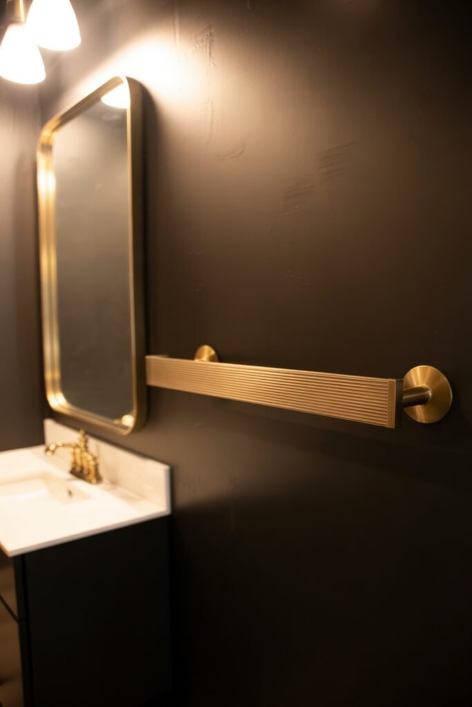 Black Bathroom Ideas: Genius Ways to Create Moody Glam 3 Elegant black bathroom wall with a brushed brass towel bar and matching framed mirror above a white vanity, showcasing warm lighting and minimalistic style.