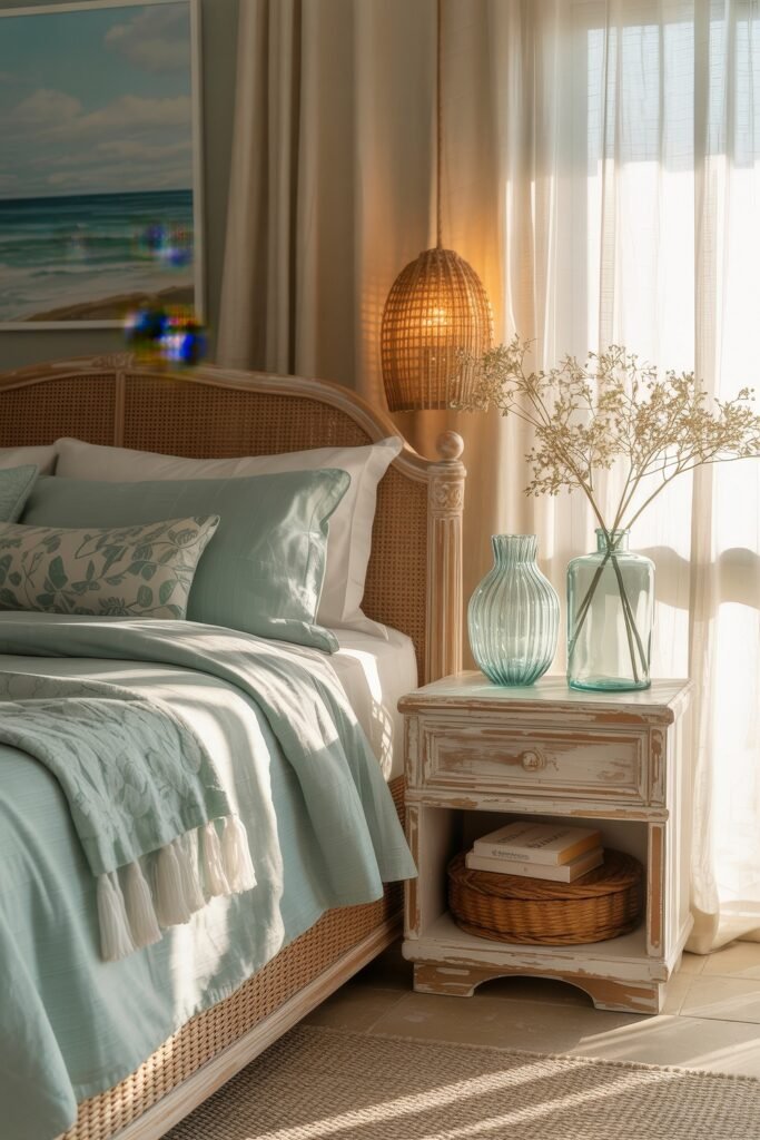 Coastal Summer Vibes for City Apartments 3 Beach-inspired bedroom with a cane bed frame, soft blue bedding, and glass vases on a rustic nightstand, reflecting coastal summer decor.