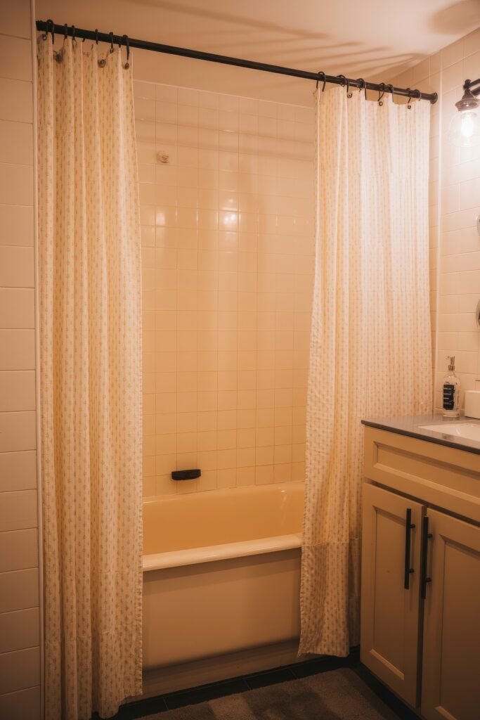 Cream Bathroom Ideas: Genius Ways to Warm Up Your Space 3 Softly lit bathroom with light tan tiles, patterned cream shower curtains, and a classic vanity with matte black hardware for a warm neutral ambiance.
