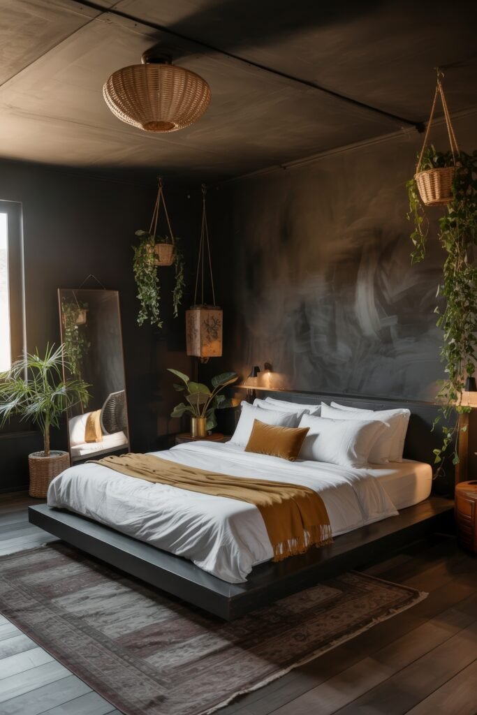 Dark Boho Bedroom Ideas: Unexpected Tricks for Cozy Drama 3 Dark Boho Bedroom with charcoal walls, low platform bed with white bedding and mustard accents, hanging plants, and ambient lighting for a moody yet natural look.