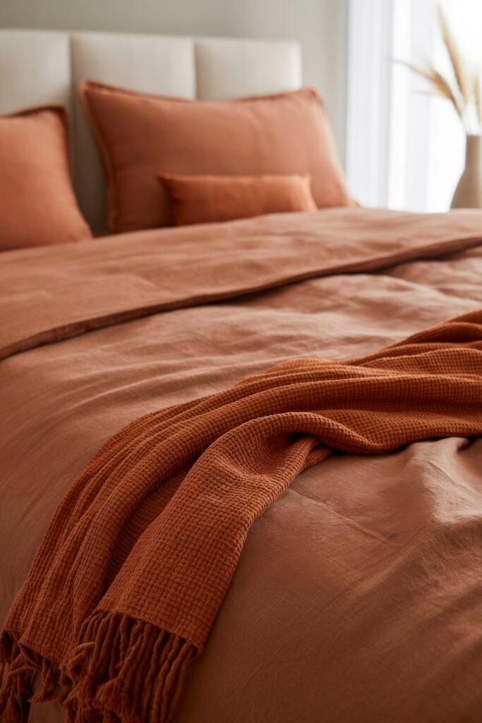 Earthy Bedroom Ideas: 12 Essential Ways to Elevate Your Space 3 Close-up of a rust-colored bedspread and textured throw on a bed, emphasizing soft earthy fabrics and cozy texture.
