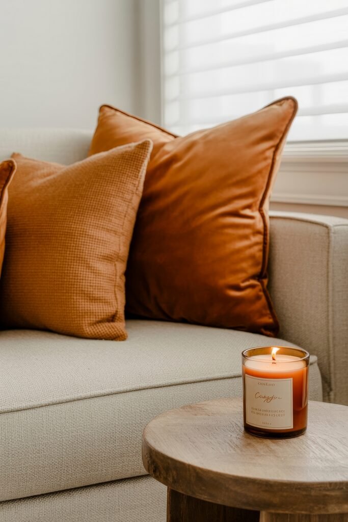 Cozy Fall Sunroom Ideas: Autumn Decor for a Warm Retreat 2 Close-up of a beige couch with burnt orange pillows and a lit candle on a wooden side table.