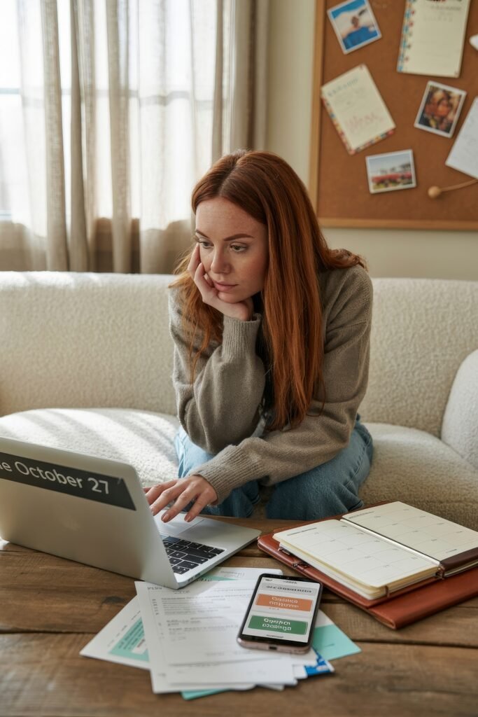 First Apartment Checklist: Essential Tips You’ll Love 4 Woman sitting on a couch working on her laptop with planners, forms, and her smartphone on a coffee table, appearing focused on apartment logistics or scheduling tasks.