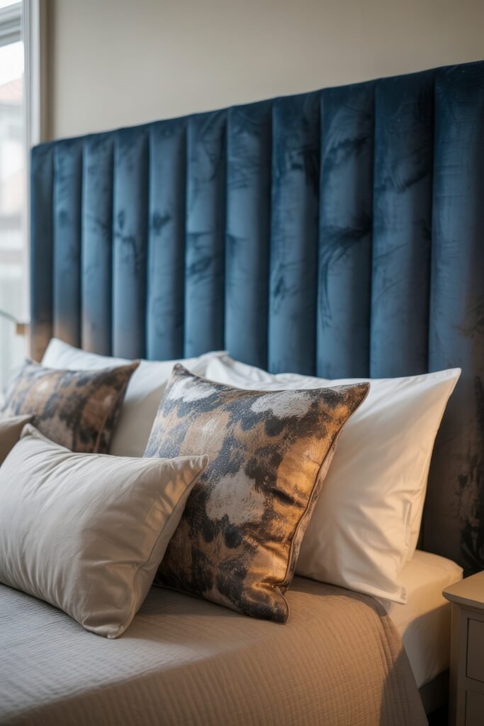 Glam Bedroom Décor: Essential Tips for Luxe Sleep 3 Stylish bed setup with a bold deep blue velvet headboard and a mix of metallic and ivory pillows, emphasizing contrast and luxury in a contemporary setting.