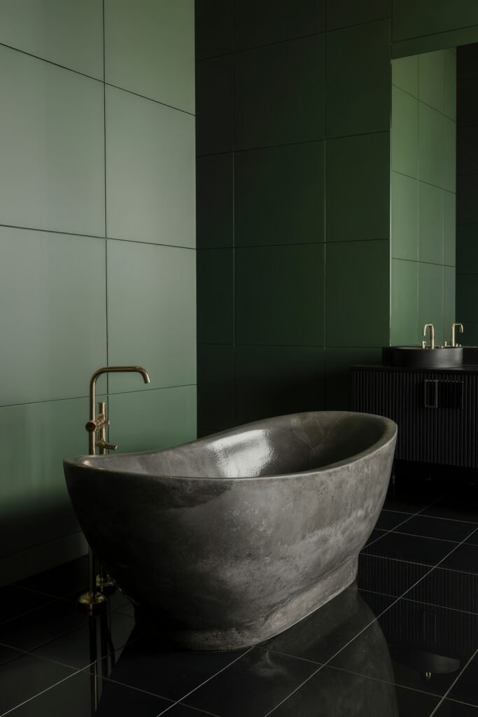 Gothic Bathroom Ideas: Genius Touches for Moody Glam 3 Modern bathroom with a minimalist design, featuring a sculpted stone soaking tub, matte green wall panels, and gold fixtures, exuding a sophisticated, Dark & Moody Bathroom Theme.