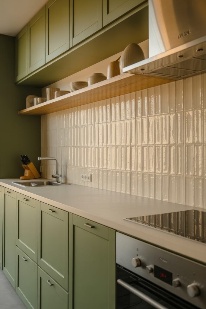 Green Kitchen Cabinets: Stylish Ways to Elevate Style 2 Sleek galley kitchen with olive green cabinets, cream vertical subway tile backsplash, and a clean, minimalist design featuring wood open shelving and built-in appliances.