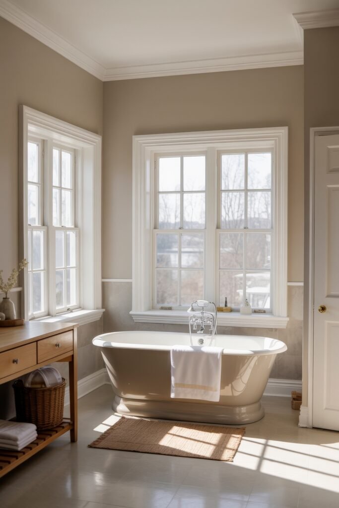 Neutral Bathroom Ideas: Genius Spa-Like Upgrades 3 Bright and airy bathroom featuring a freestanding white tub centered under large windows, with neutral walls, a woven rug, and a wooden console holding rolled towels, showcasing Neutral Bathroom Ideas.