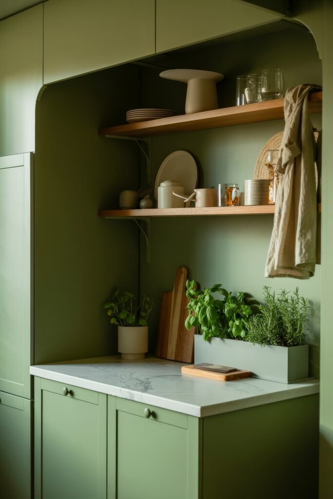 Sage Green Kitchen Bliss: Inspiring Ideas 3 Cozy Sage Green Kitchen nook with deep green cabinetry, marble-style countertop, open wooden shelving, and an assortment of herbs and cutting boards.