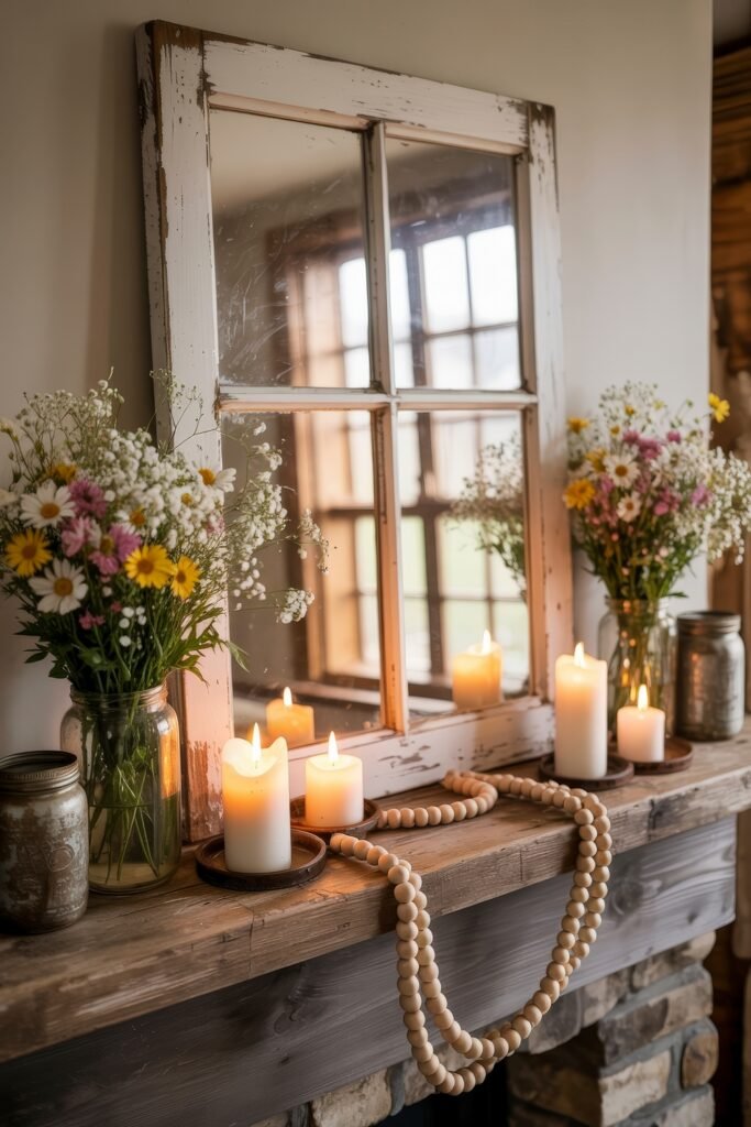 Summer Mantel Decor Tips (Even If You Don’t Have a Fireplace) 3 Vintage-style mantel with distressed mirror, mason jars of wildflowers, glowing candles, and wooden beads for charming summer mantel decor.
