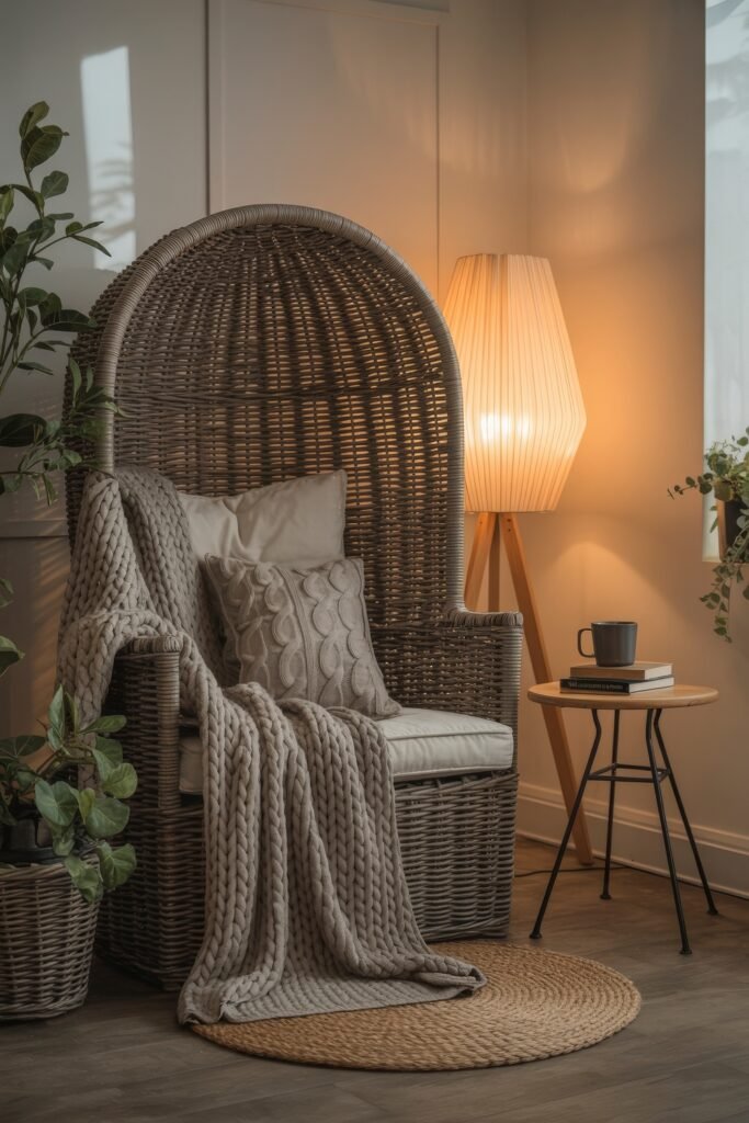 Indoor Sunroom Furniture Ideas for Cozy Winters & Breezy Summers 3 Wicker egg chair with neutral cushions and a knit throw next to a glowing floor lamp in a sunroom corner.