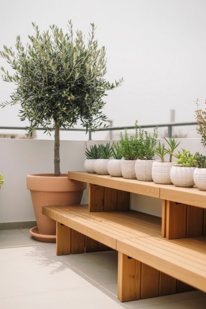 Stylish Rooftop and Terrace Garden Design 3 Modern terrace with a potted olive tree and a row of white ceramic planters filled with succulents and herbs on a wooden bench, highlighting elegant terrace garden ideas.