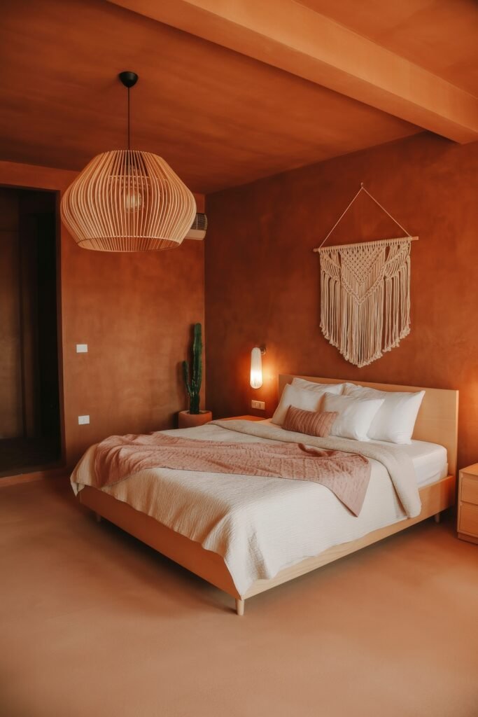 Terracotta Bedroom Ideas: Genius Ways to Glow 3 Bohemian-inspired bedroom with textured terracotta walls, macramé wall hanging, natural wood furniture, and layered bedding in soft neutrals and dusty pinks.