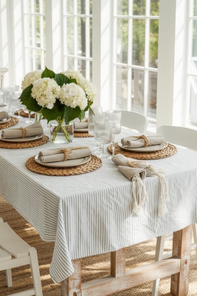 Coastal Summer Vibes for City Apartments 4 Elegant dining table set with striped tablecloth, wicker placemats, and a white hydrangea centerpiece in a sunlit room.