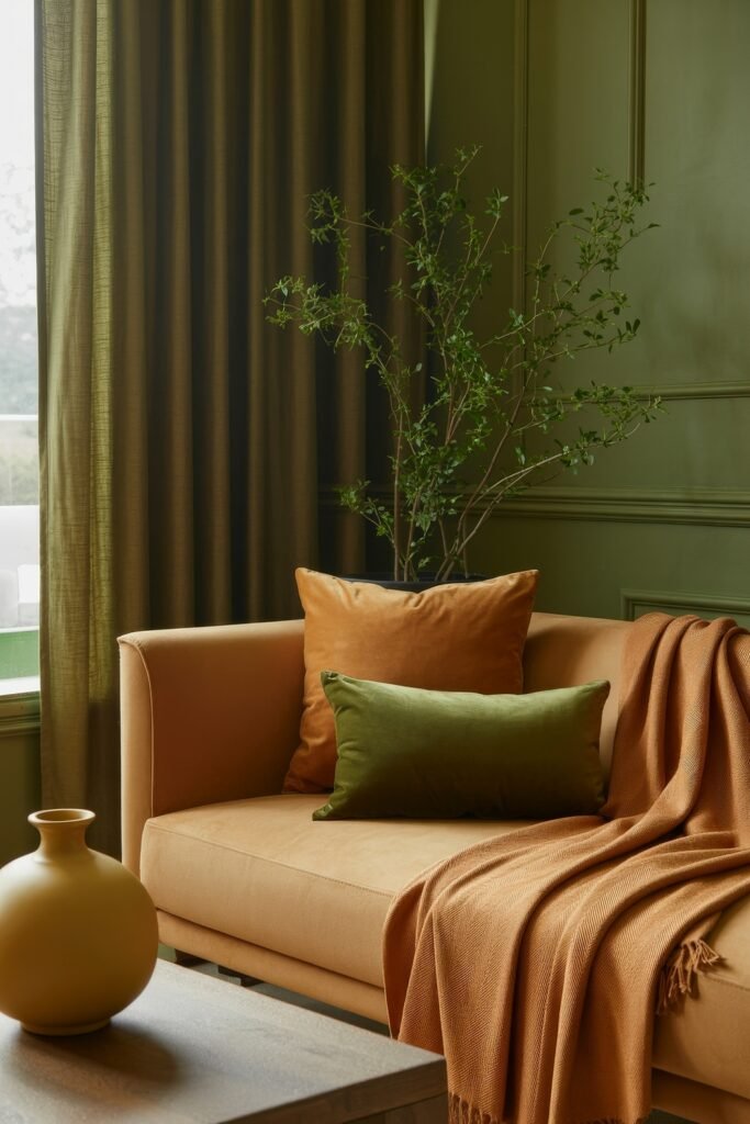 Cozy Fall Sunroom Ideas: Autumn Decor for a Warm Retreat 3 Elegant tan armchair with orange and green pillows and a burnt orange throw in a room with green walls and curtains.