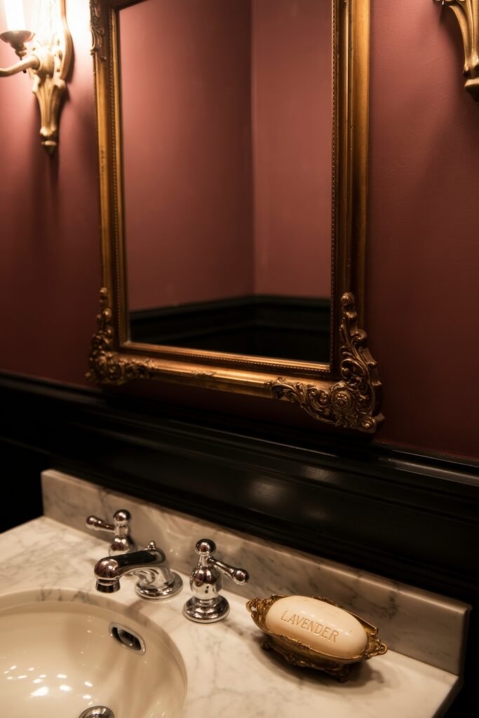 Gothic Bathroom Ideas: Genius Touches for Moody Glam 4 Lavish powder room with a marble countertop, vintage-style chrome fixtures, and a gold-framed mirror against rich burgundy and black paneled walls, evoking subtle Gothic elegance.