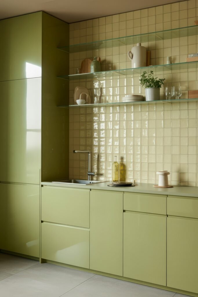 Green Kitchen Cabinets: Stylish Ways to Elevate Style 3 Contemporary kitchen with glossy light green cabinets, square beige tile backsplash, and glass shelves displaying modern dishes and a small potted plant.