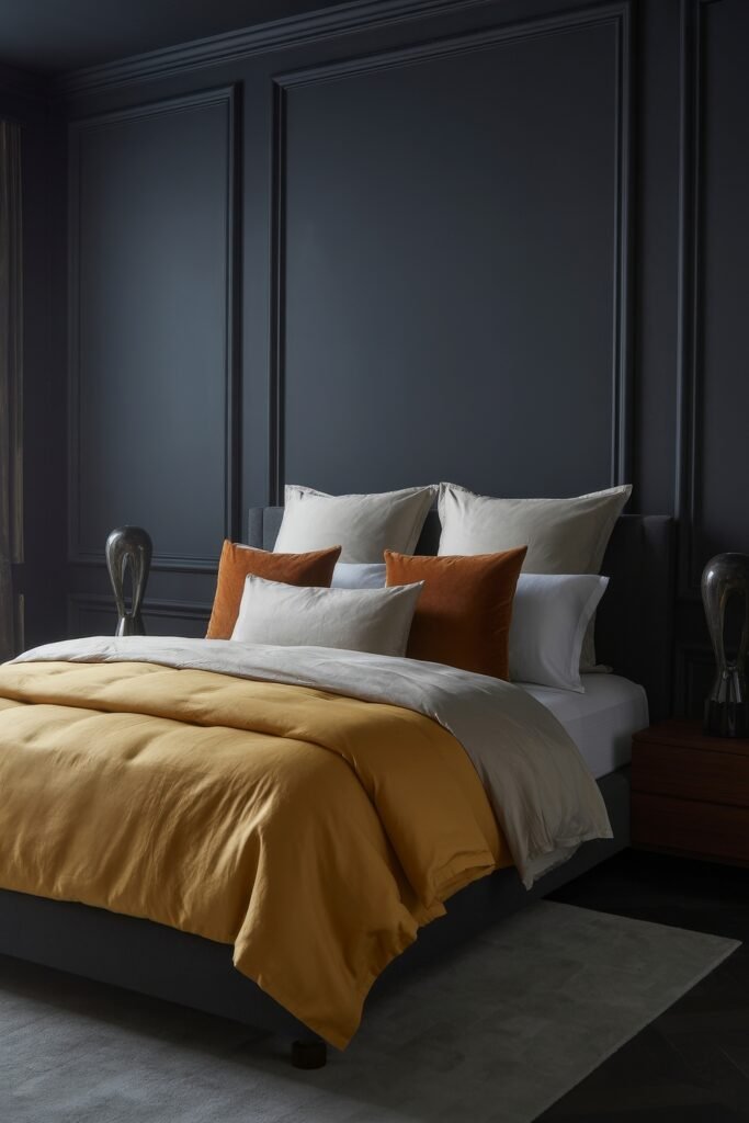 Masculine Luxury Bedroom: Genius Luxe Ideas 3 Contemporary bedroom with charcoal gray walls and sleek molding, centered around a bed styled in beige and amber tones, flanked by sculptural metallic lamps.