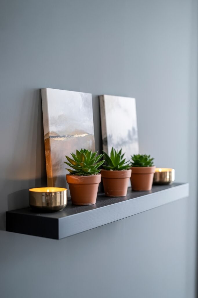 Summer Mantel Decor Tips (Even If You Don’t Have a Fireplace) 4 Minimalist black shelf with small succulents in terracotta pots, abstract art, and gold candles against a gray wall.