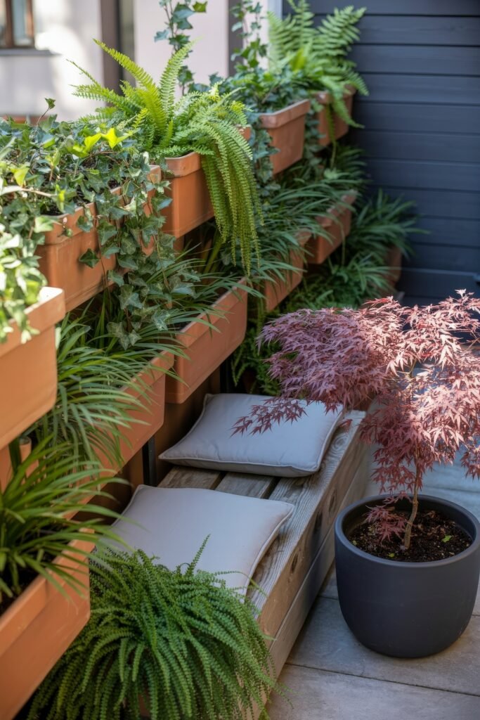 Stylish Rooftop and Terrace Garden Design 4 Narrow balcony nook with vertical rows of terracotta planters brimming with ferns and ivy, and a bench surrounded by greenery, ideal for compact Balcony & Terrace Gardening.