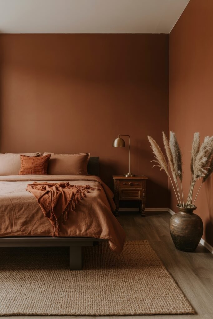 Terracotta Bedroom Ideas: Genius Ways to Glow 4 Warm-toned bedroom with deep brown terracotta walls, a rustic wooden nightstand, pampas grass in a large vase, and a neatly made bed with earth-toned linens.