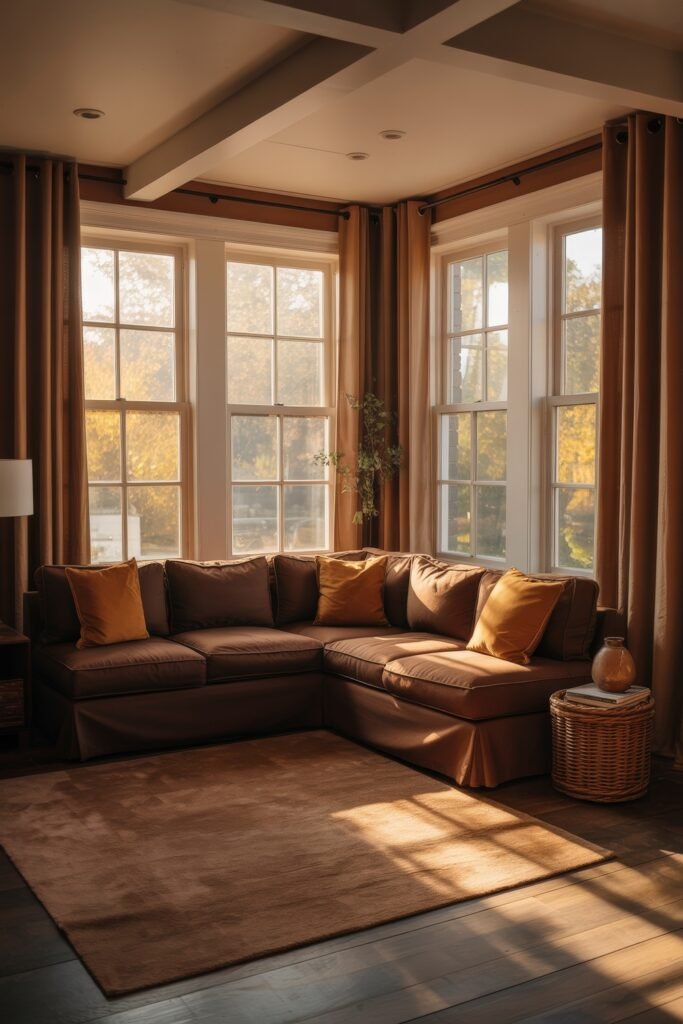 Cozy Fall Sunroom Ideas: Autumn Decor for a Warm Retreat 4 Warm-toned sunroom with brown sectional sofa, mustard yellow pillows, and large windows showcasing fall foliage.