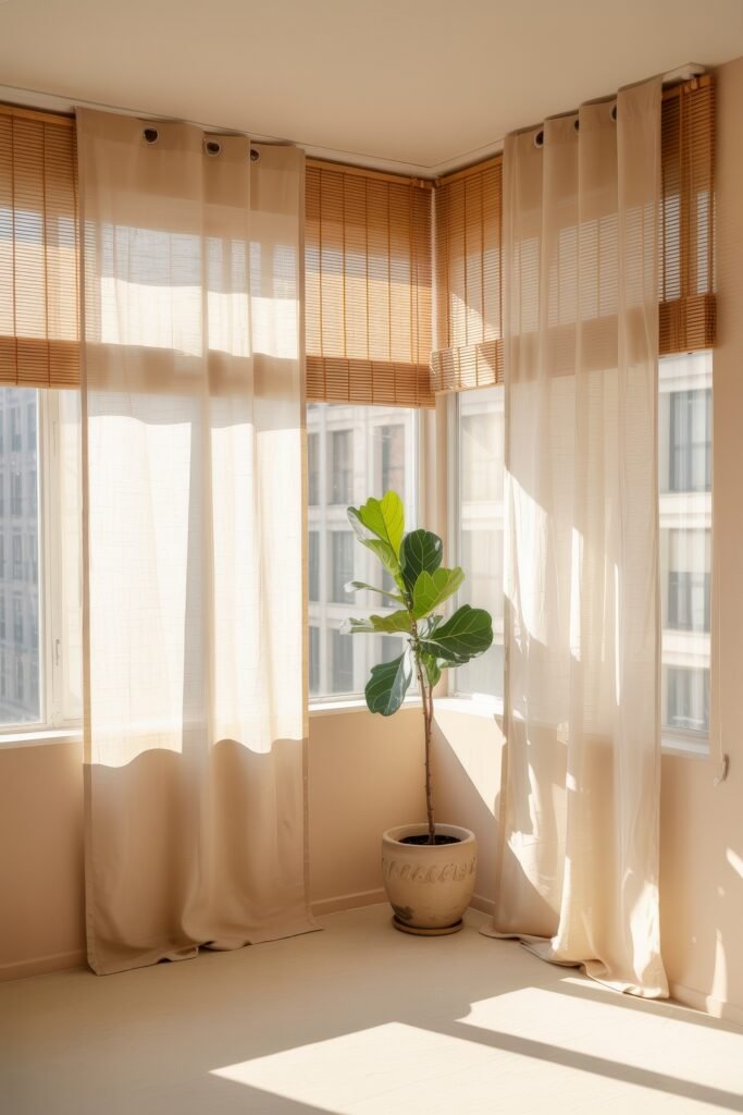Bright Summer Sunroom Ideas: Airy Decor for Sunny Days 2 Minimalist sunroom corner with sheer curtains, bamboo blinds, and a fiddle leaf fig plant in a beige planter basking in sunlight.