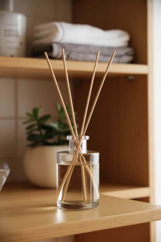 Bathroom Essentials for First Apartment: Genius Must-Haves 22 Clear glass reed diffuser with natural wooden sticks on a light wood shelf, set against folded towels and a potted plant for a clean and calming bathroom vibe.
