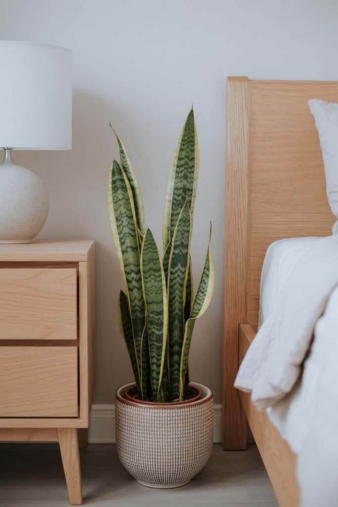 Bedroom Essentials for Your First Apartment: 12 Genius Must-Haves 22 A snake plant in a textured ceramic pot placed beside a wooden nightstand and bed, adding a touch of greenery and low-maintenance style to bedroom essentials for first apartment.