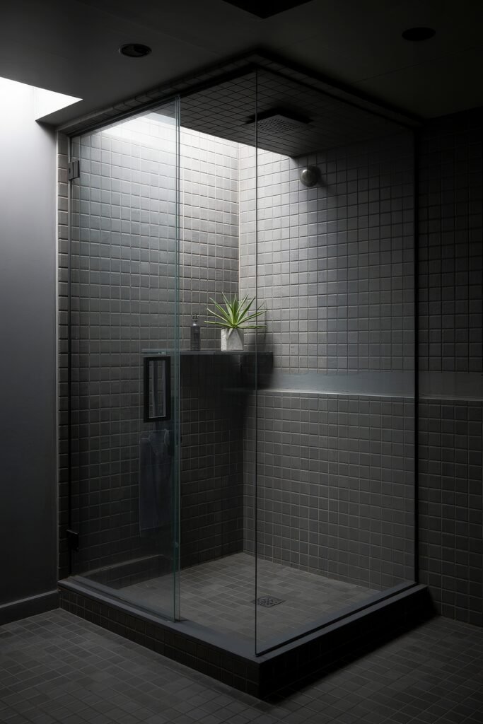 Black Bathroom Ideas: Genius Ways to Create Moody Glam 20 Walk-in glass shower with charcoal gray square tiles and a built-in shelf holding a spiky potted plant, reflecting minimalist elegance in a Dark & Moody Bathroom Theme.