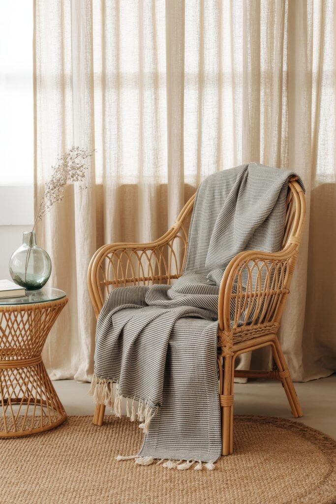 Coastal Summer Vibes for City Apartments 30 Rattan chair with a striped throw and side table against sheer curtains, adding a light coastal touch to summer decor.