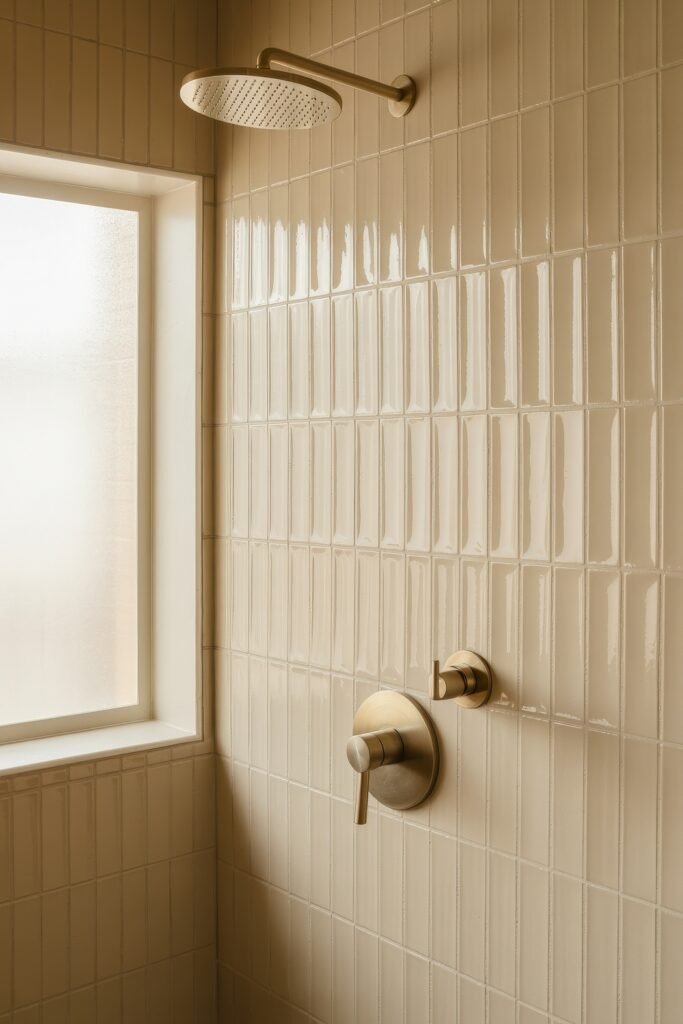 Cream Bathroom Ideas: Genius Ways to Warm Up Your Space 25 Shower corner with glossy beige vertical tiles, a matte brass rain showerhead, and a frosted window providing soft light, fitting a Neutral & White Bathroom Themes style.