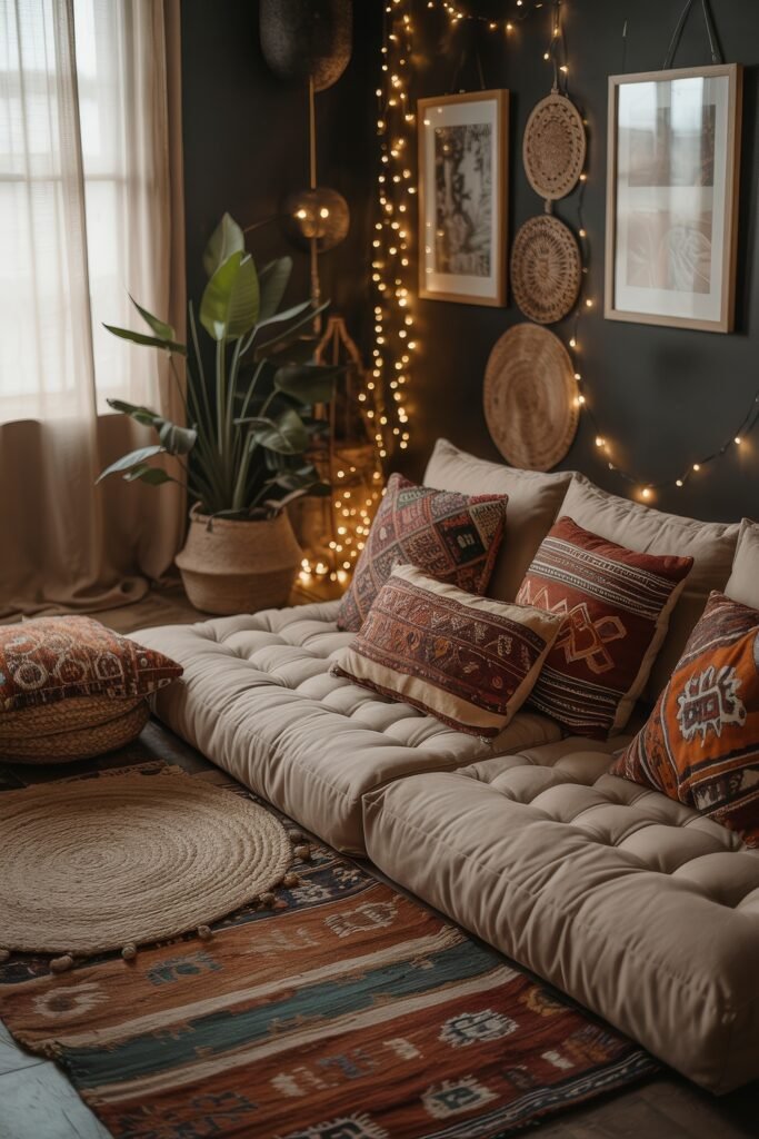 Dark Boho Bedroom Ideas: Unexpected Tricks for Cozy Drama 24 Cozy lounge nook with low tufted seating, kilim cushions, string lights, and an eclectic mix of Boho wall art, woven textures, and potted greenery.