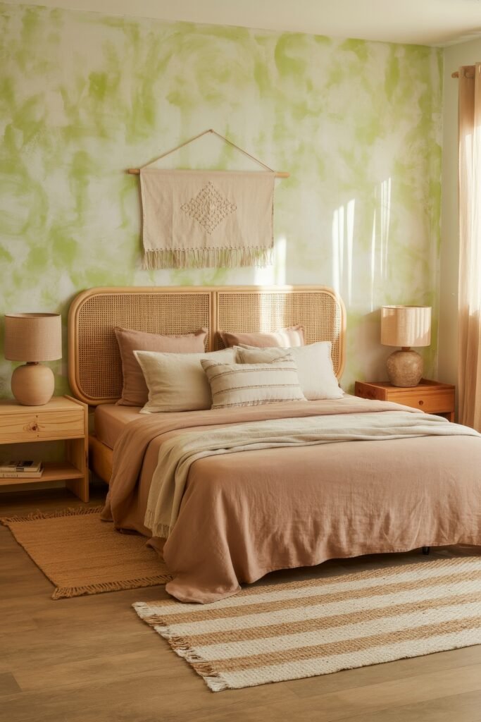 Earthy Bedroom Ideas: 12 Essential Ways to Elevate Your Space 24 Warm bedroom with a soft green marbled wall, terracotta bedding, rattan headboard, and rustic wood furniture for a serene Bohemian & Earth-Toned Bedroom vibe.